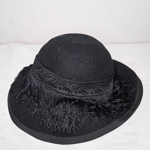 Vintage Dobbs Doeskin Fifth Avenue Black Felt Hat Fringe Floral Band Wool‎ USA